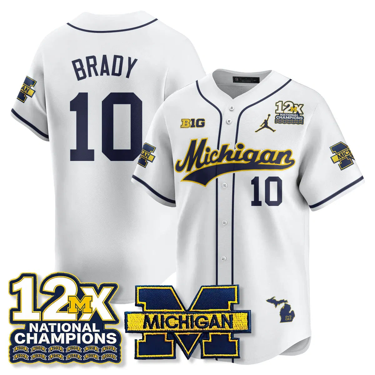 Personalized MICH 12x-Time National Champions Baseball Limited Jersey - Stitched - White / Tom Brady - 10 Stitched