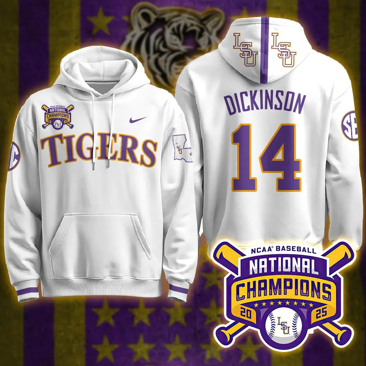 Personalized LSU 2026 World Series Champions Limited Hoodie - Stitched - White / Daniel Dickinson Stitched