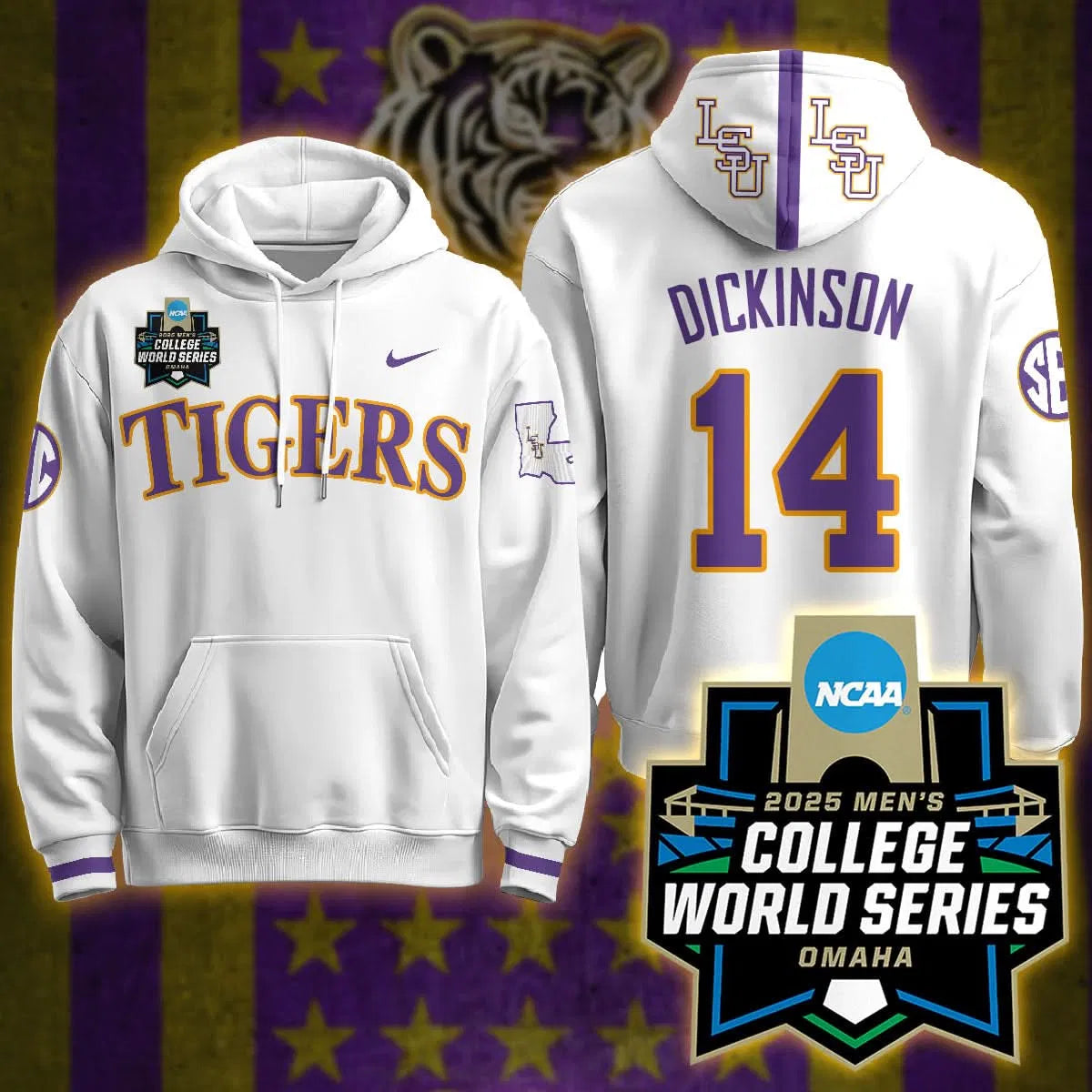 Personalized LSU 2026 World Series Limited Hoodie - Stitched - White / Daniel Dickinson Stitched