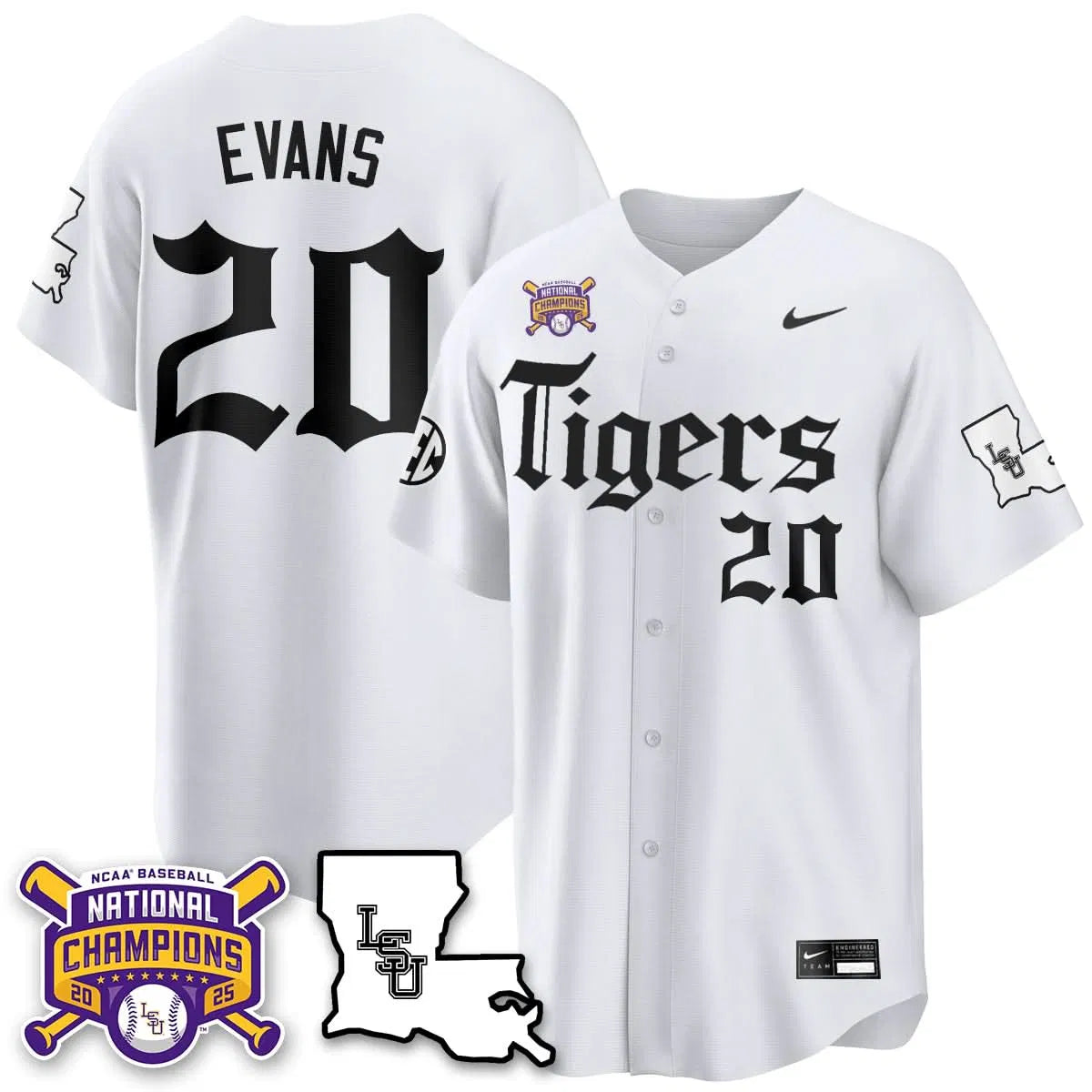 Personalized LSU 2026 World Series Champions 'Gothic Geaux Edition' Jersey - Stitched - White / Casan Evans Stitched
