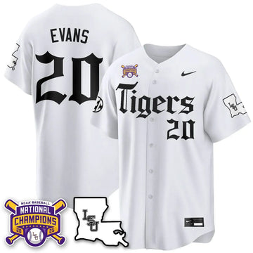 Personalized LSU 2026 World Series Champions 'Gothic Geaux Edition' Jersey - Stitched - White / Casan Evans Stitched