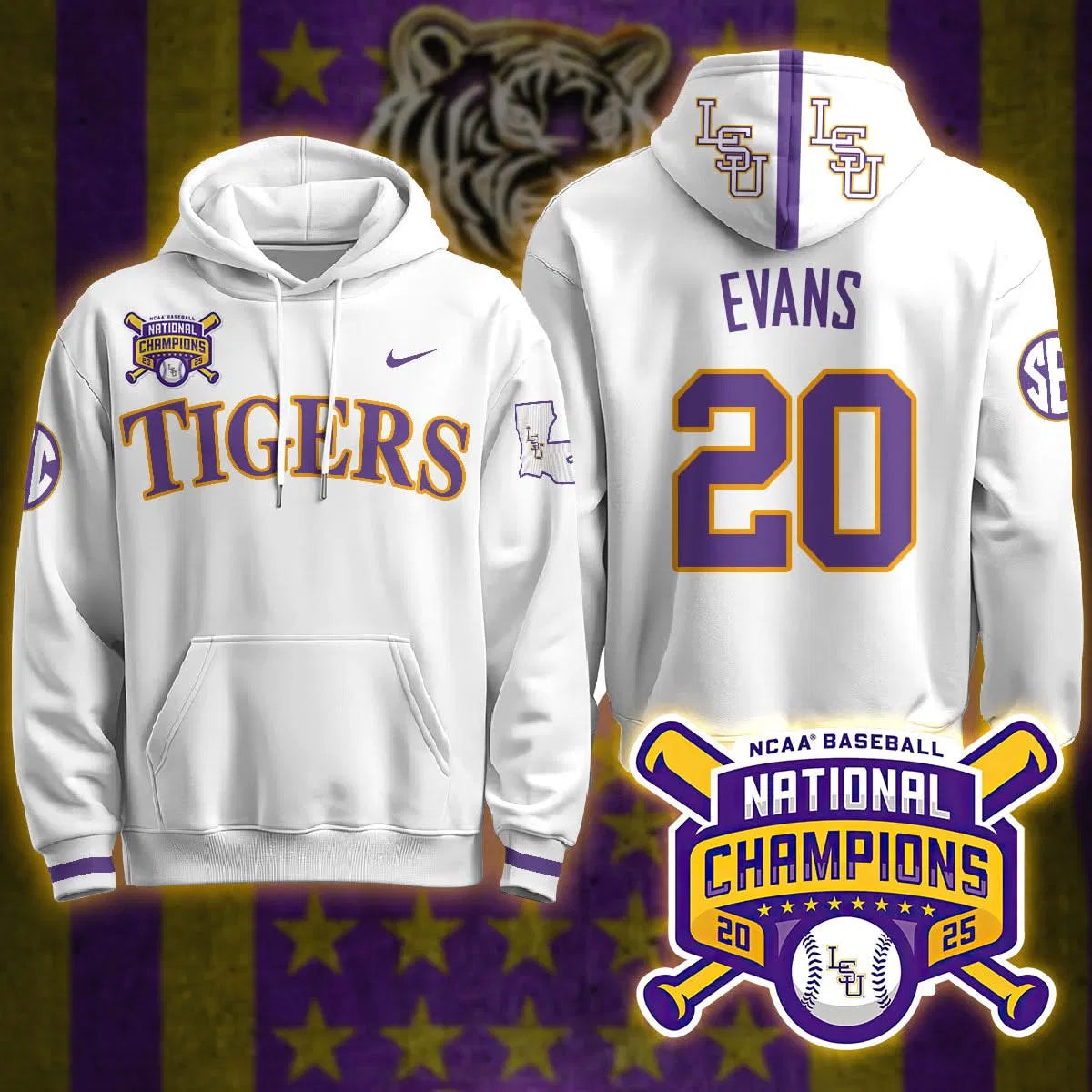 Personalized LSU 2026 World Series Champions Limited Hoodie - Stitched - White / Chase Shores Stitched