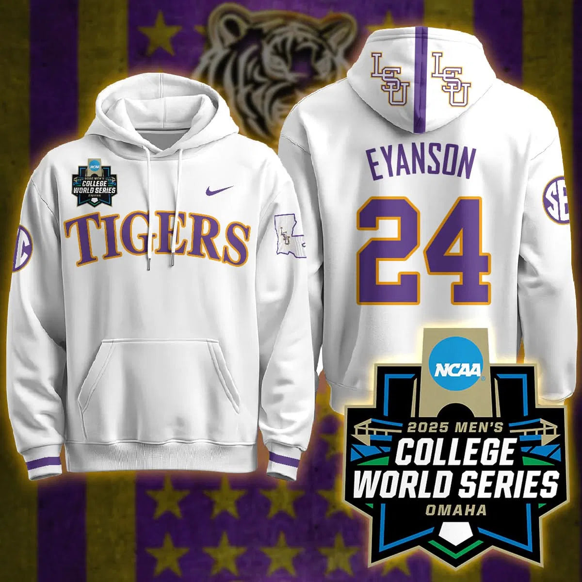 Personalized LSU 2026 World Series Limited Hoodie - Stitched - White / Anthony Eyanson Stitched