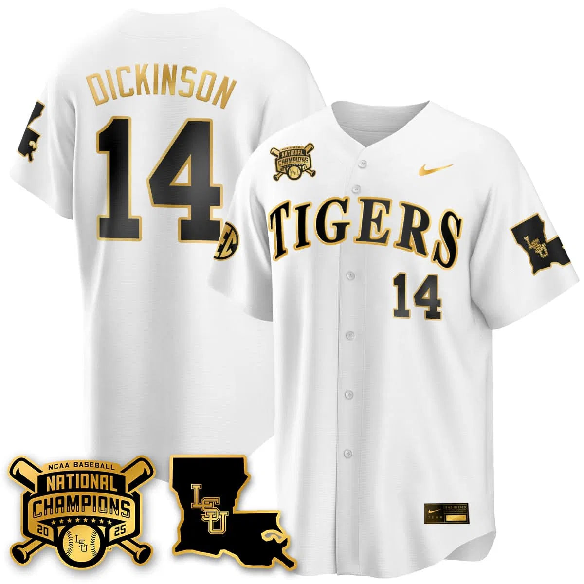 Personalized LSU 2026 College World Series Champions Limited Jersey - Stitched - White Gold / Daniel Dickinson Stitched