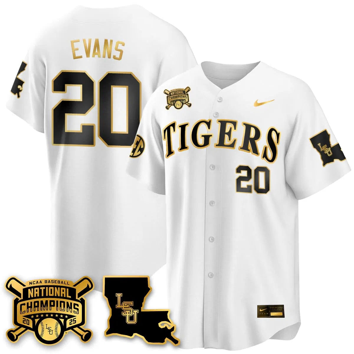 Personalized LSU 2026 College World Series Champions Limited Jersey - Stitched - White Gold / Casan Evans Stitched