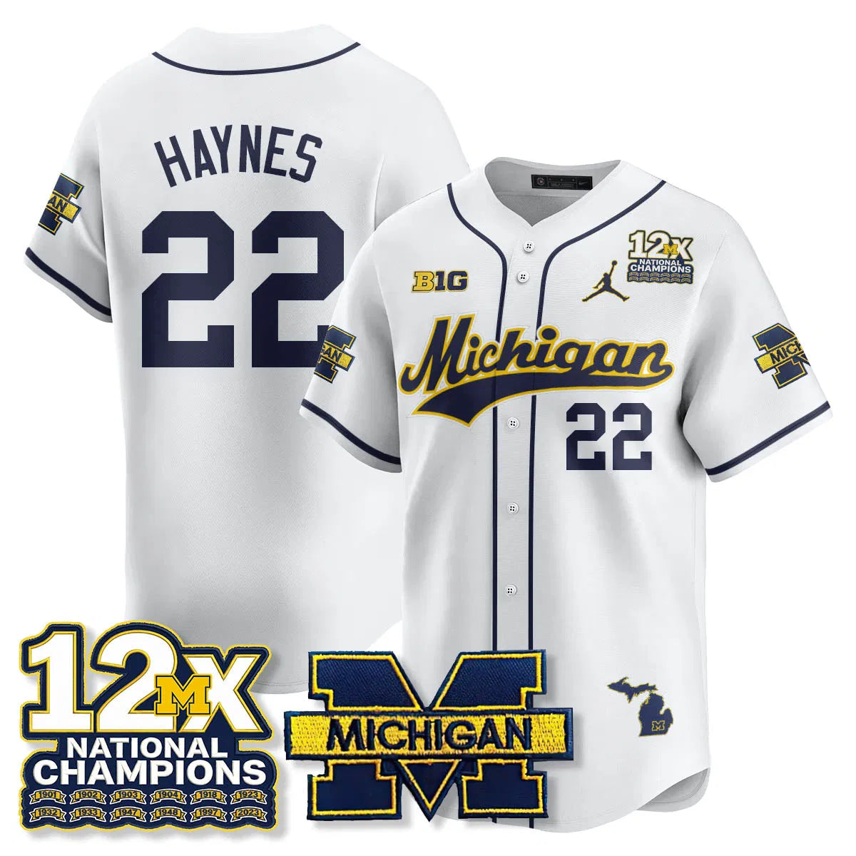Personalized MICH 12x-Time National Champions Baseball Limited Jersey - Stitched - White / Justice Haynes - 22 Stitched