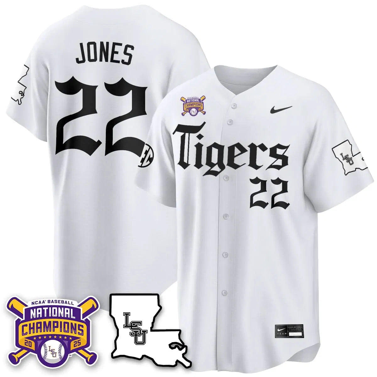 Personalized LSU 2026 World Series Champions 'Gothic Geaux Edition' Jersey - Stitched - White / Jared Jones Stitched