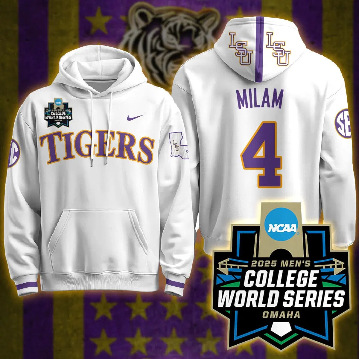 Personalized LSU 2026 World Series Limited Hoodie - Stitched - White / Steven Milam Stitched