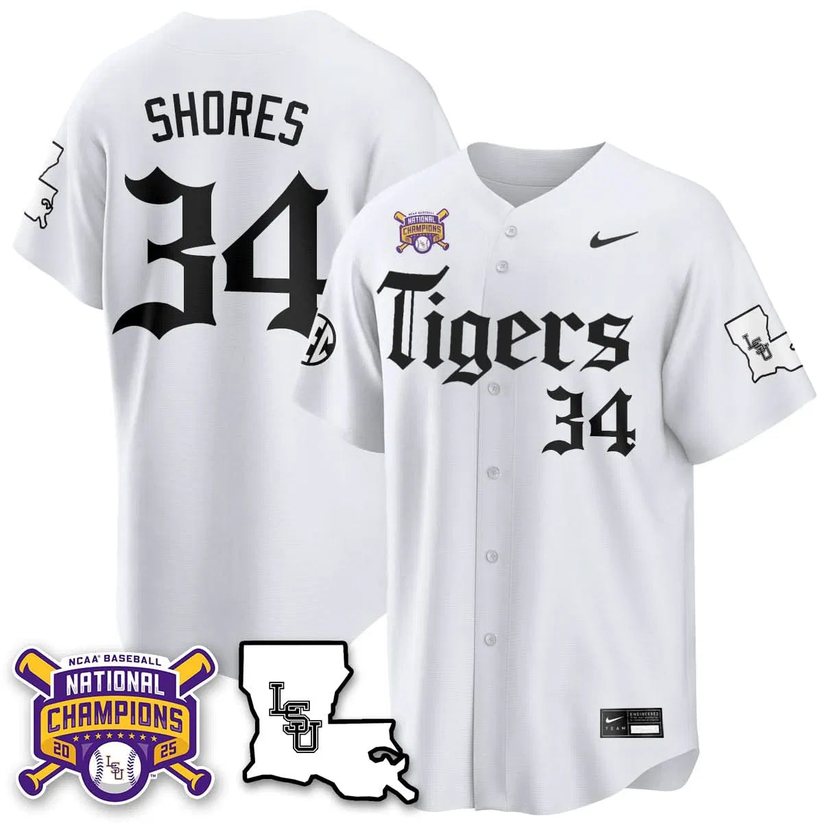 Personalized LSU 2026 World Series Champions 'Gothic Geaux Edition' Jersey - Stitched - White / Chase Shores Stitched