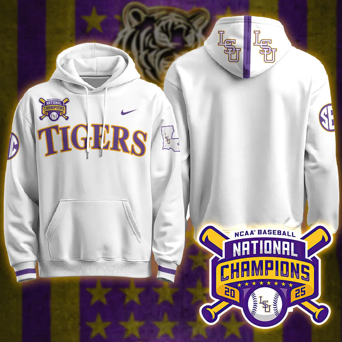 Personalized LSU 2026 World Series Champions Limited Hoodie - Stitched - White / Team Stitched