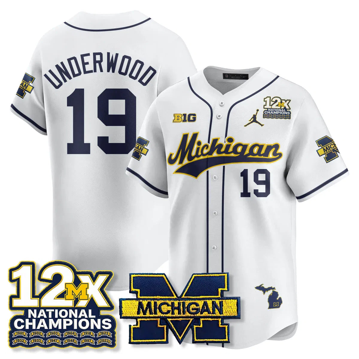 Personalized MICH 12x-Time National Champions Baseball Limited Jersey - Stitched - White / Bryce Underwood - 19 Stitched