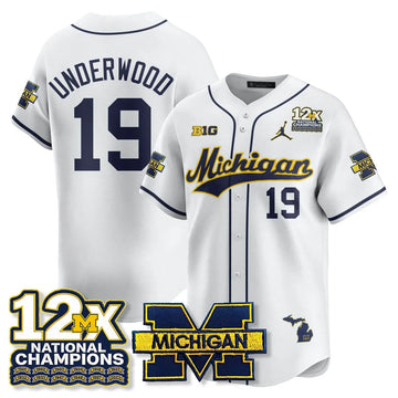 Personalized MICH 12x-Time National Champions Baseball Limited Jersey - Stitched - White / Bryce Underwood - 19 Stitched
