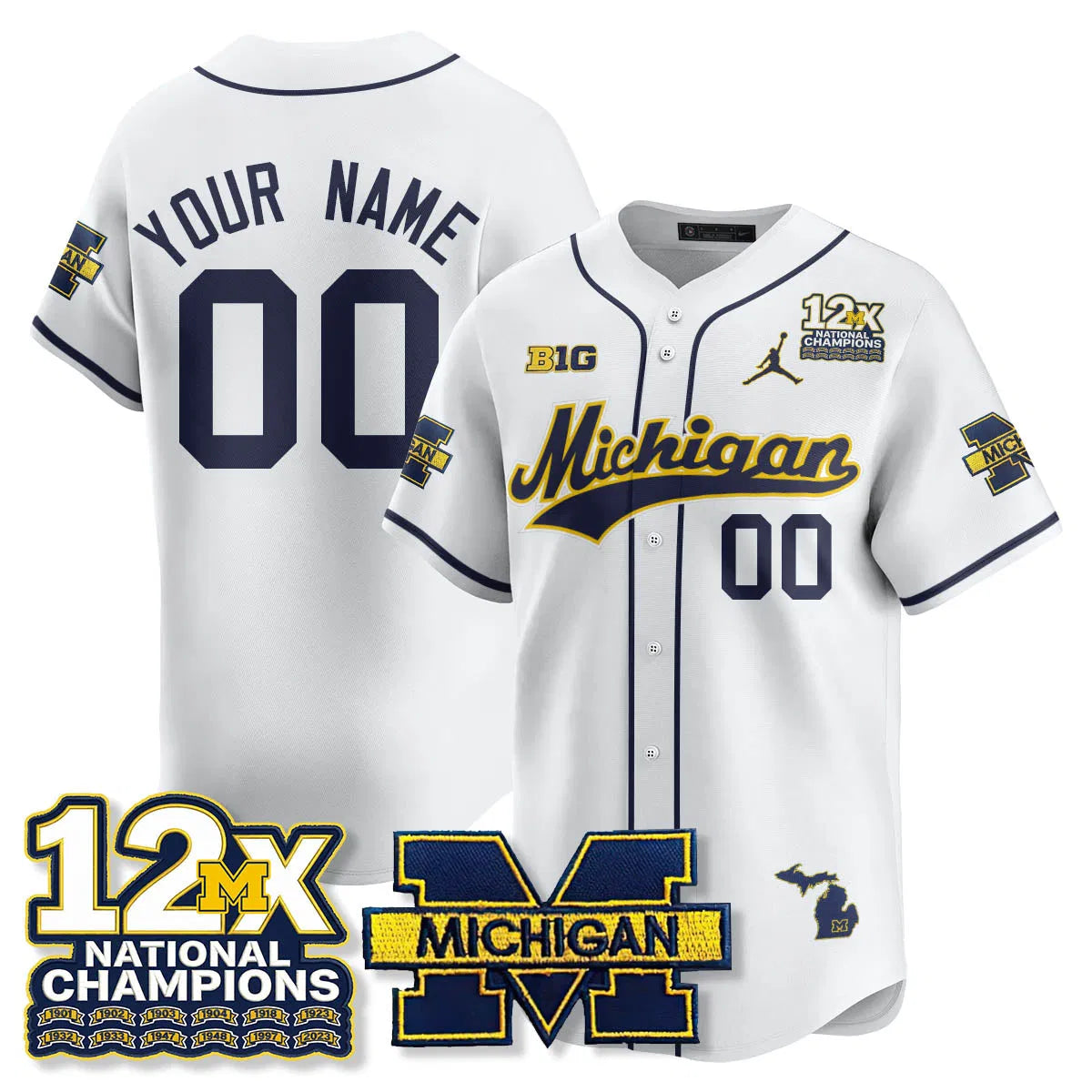 Personalized Custom MICH 12x-Time National Champions Baseball Limited Jersey - Stitched - White Stitched