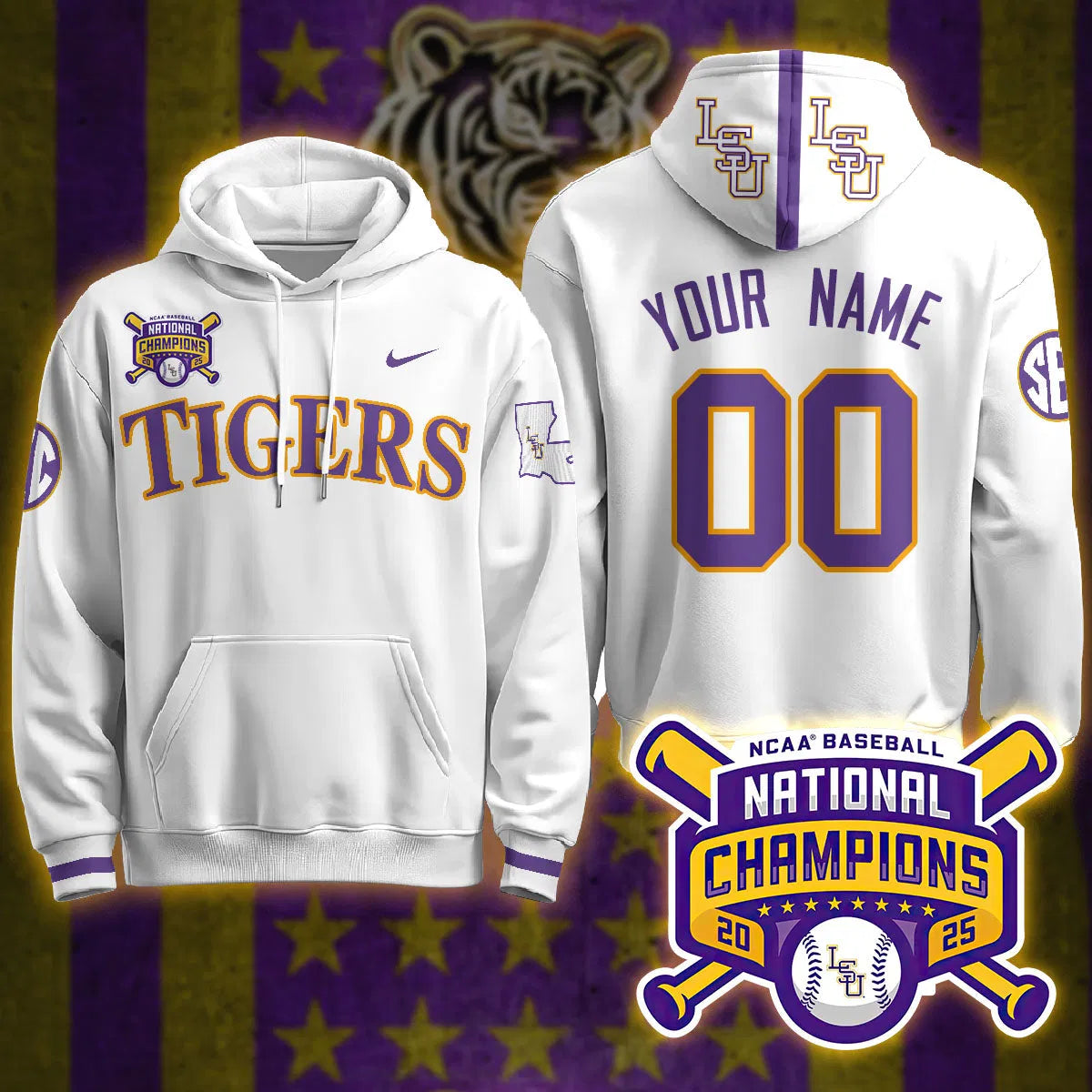 Personalized LSU 2026 World Series Champions Limited Custom Hoodie - Stitched - White Stitched