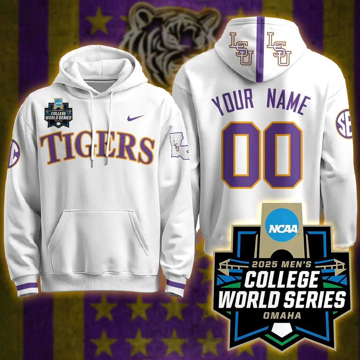 Personalized LSU 2026 World Series Limited Hoodie Personalized - Stitched - White Stitched