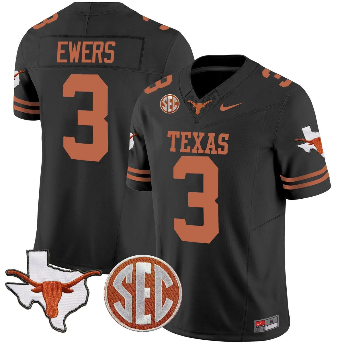 Personalized TL State Map & SEC Patch Vapor Jersey V2 - Black / Quinn Ewers Stitched