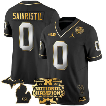 Personalized MW 2023 National Champions Patch Gold Vapor Jersey V3 - Black Limited / Mike Sainristil Stitched