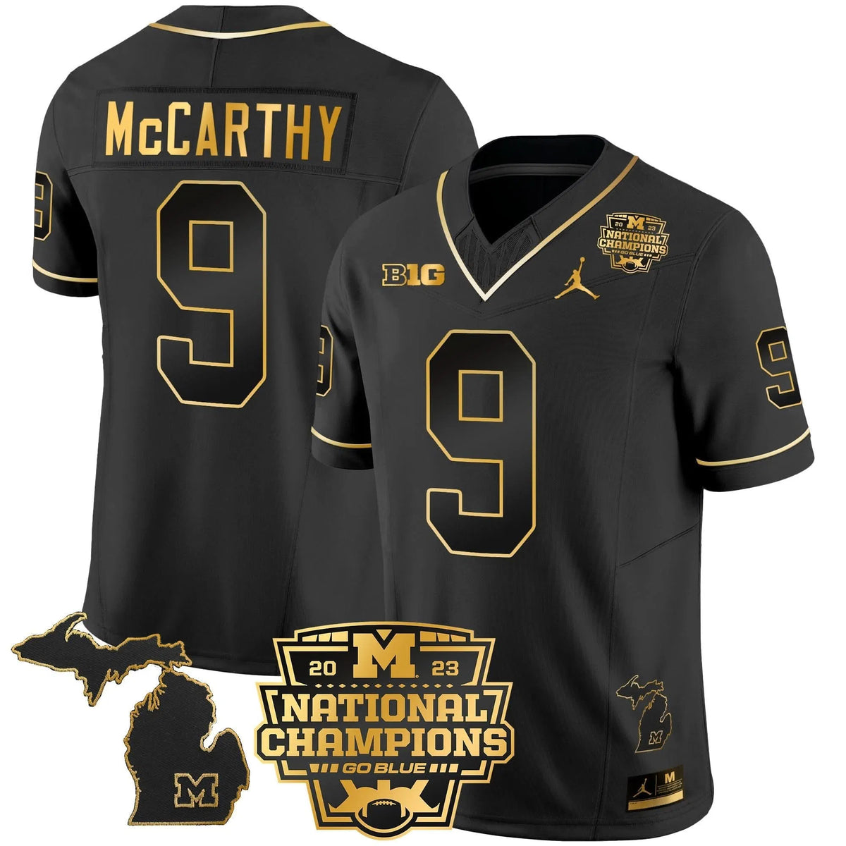Personalized MW 2023 National Champions Patch Gold Vapor Jersey V3 - Black Gold / J.J. McCarthy Stitched