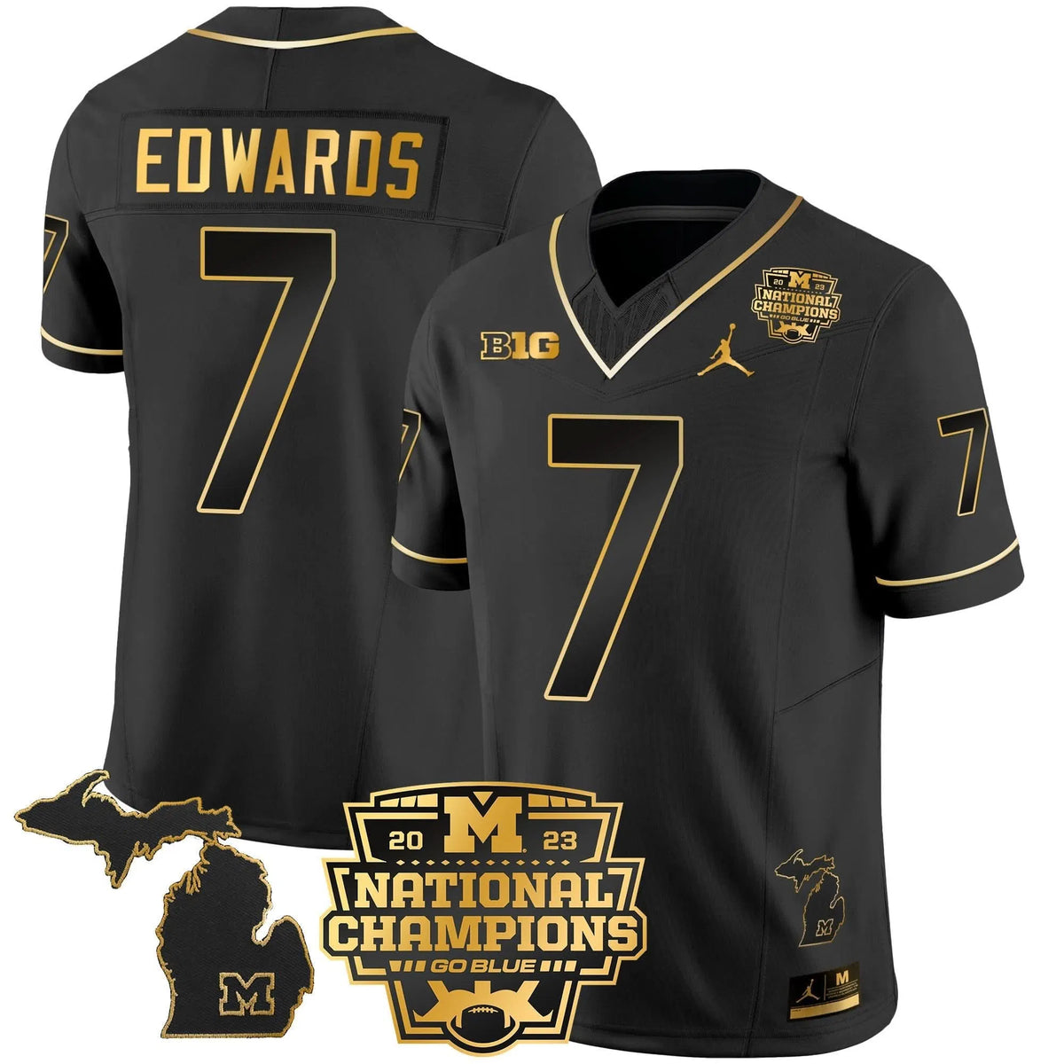 Personalized MW 2023 National Champions Patch Gold Vapor Jersey V3 - Black Gold / Donovan Edwards Stitched