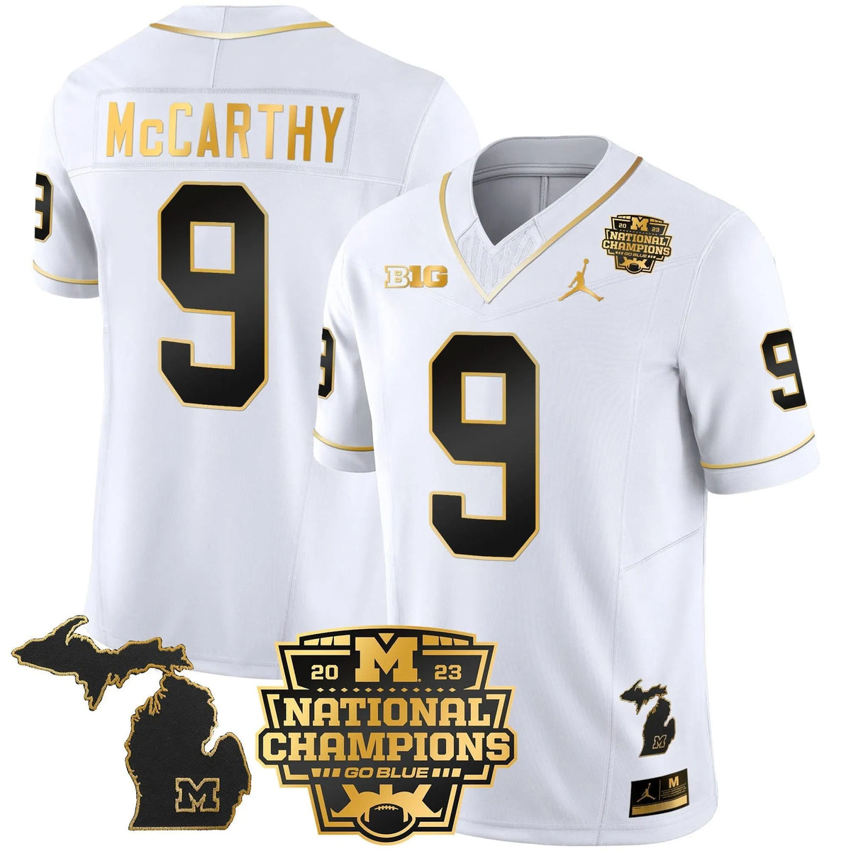 Personalized MW 2023 National Champions Patch Gold Vapor Jersey V3 - White Gold / J.J. McCarthy Stitched