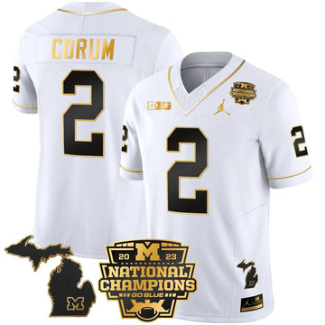 Personalized MW 2023 National Champions Patch Gold Vapor Jersey V3 - White Gold / Blake Corum Stitched
