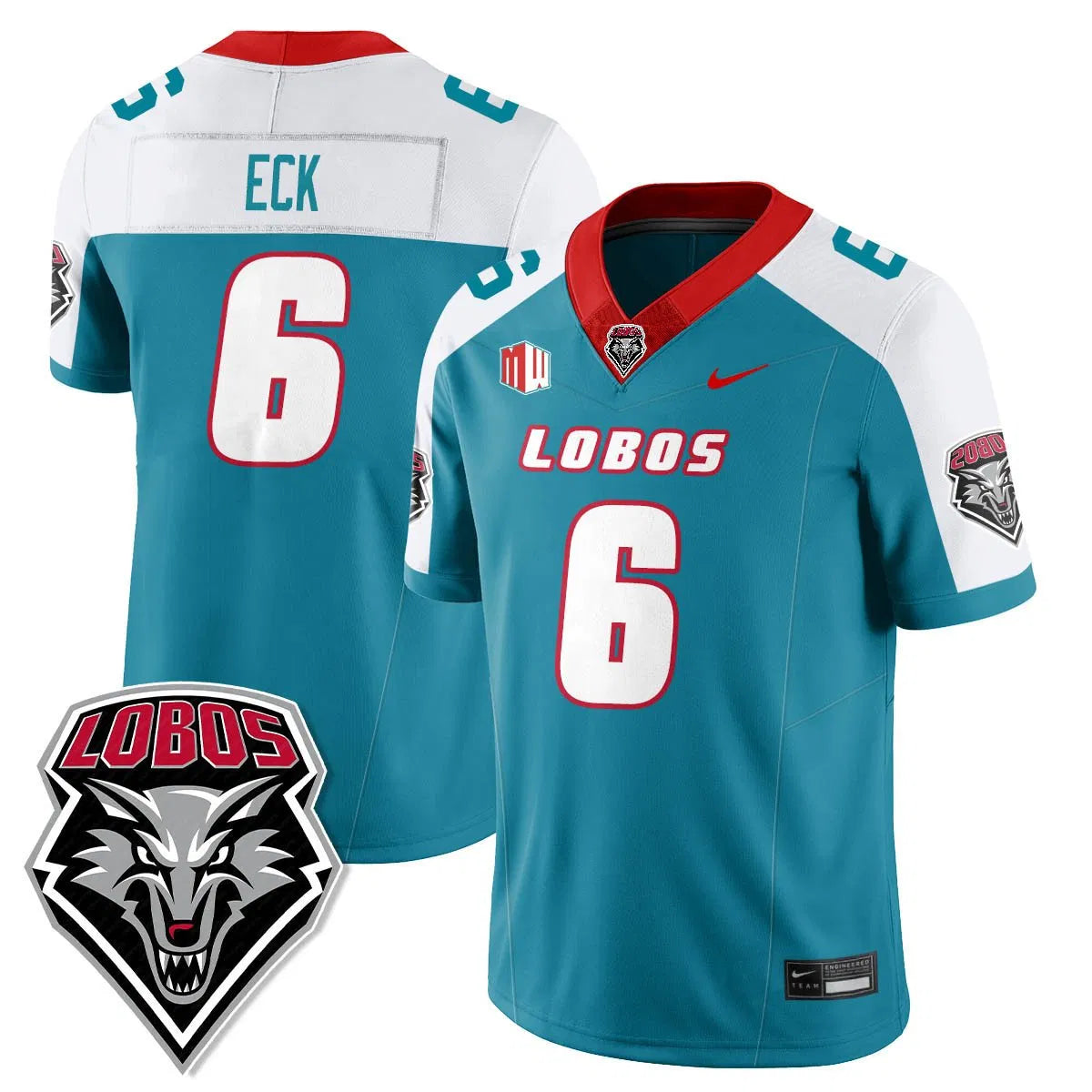 Personalized UNM Lobo Football 2026 Jersey - Turquoise Alternate / Jaxton Eck - 6 Stitched