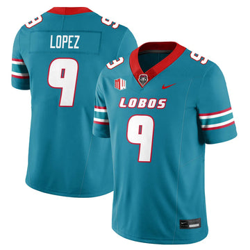 Personalized UNM Lobo Football 2026 Jersey - Turquoise / Gabriel Lopez  - 9 Stitched