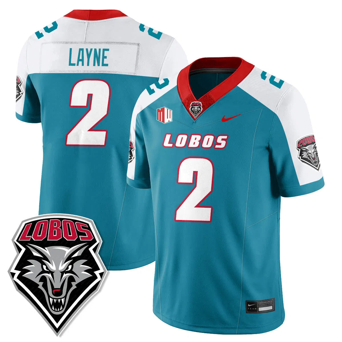 Personalized UNM Lobo Football 2026 Jersey - Turquoise Alternate / Jack Layne - 2 Stitched
