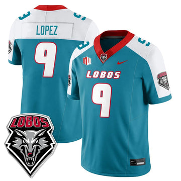 Personalized UNM Lobo Football 2026 Jersey - Turquoise Alternate / Gabriel Lopez  - 9 Stitched
