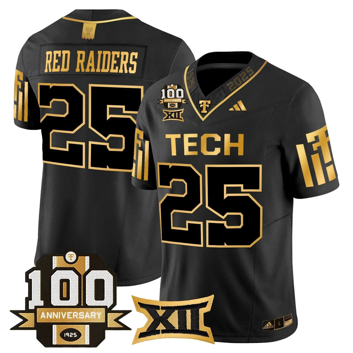 Personalized TTU 2026 Gold Vapor Limited Jersey - 100th Anniversary Patch - Black Gold / #25 Red Raiders Stitched