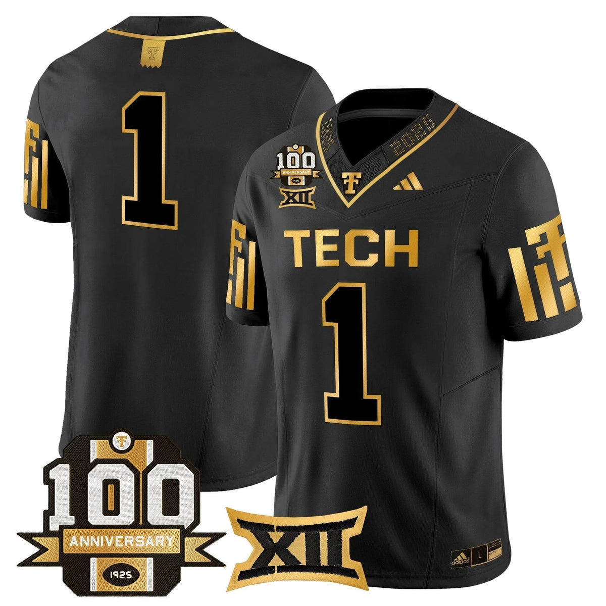 Personalized TTU 2026 Gold Vapor Limited Jersey - 100th Anniversary Patch - Black Gold / #1 Team Stitched