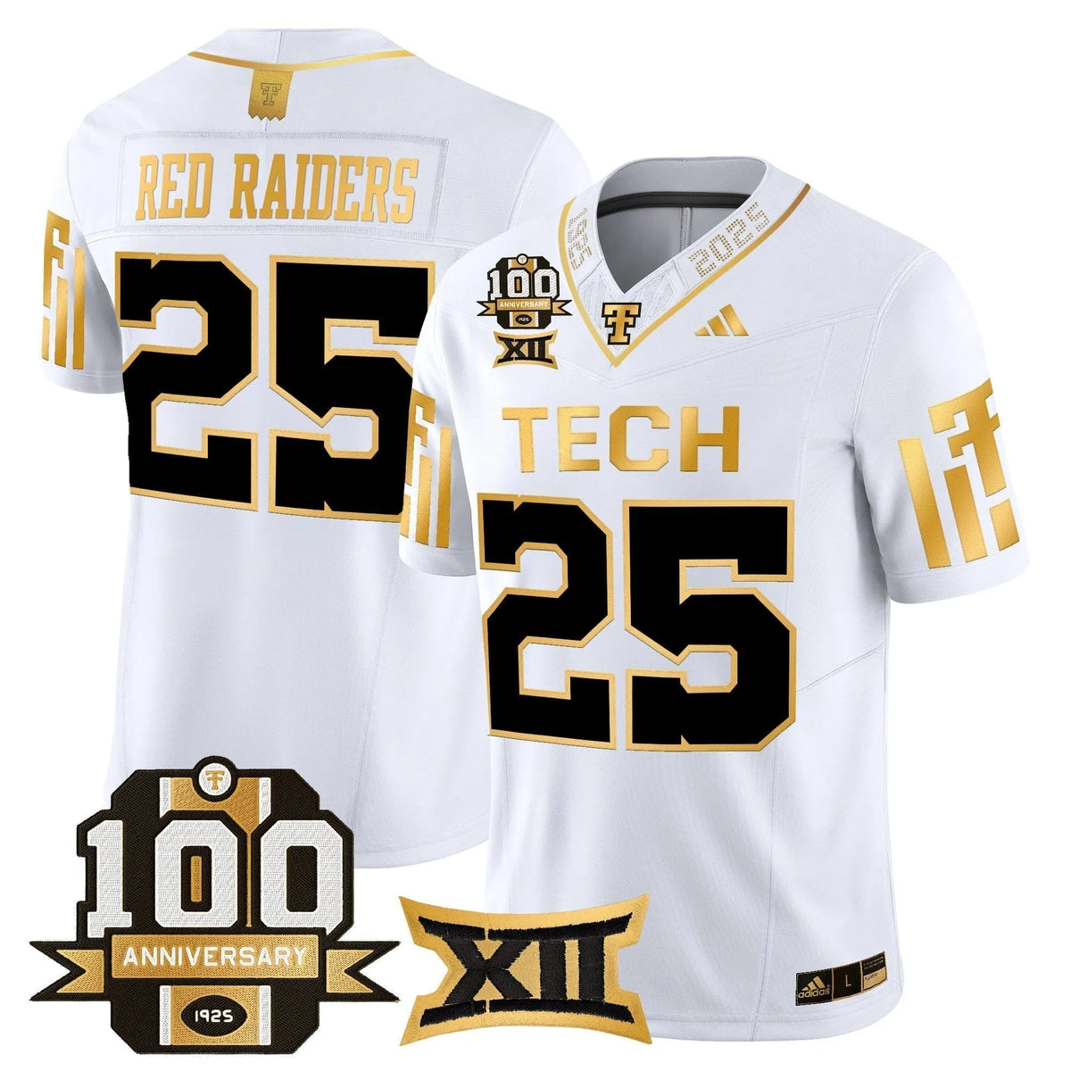 Personalized TTU 2026 Gold Vapor Limited Jersey - 100th Anniversary Patch - White Gold / #25 Red Raiders Stitched