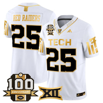Personalized TTU 2026 Gold Vapor Limited Jersey - 100th Anniversary Patch - White Gold / #25 Red Raiders Stitched