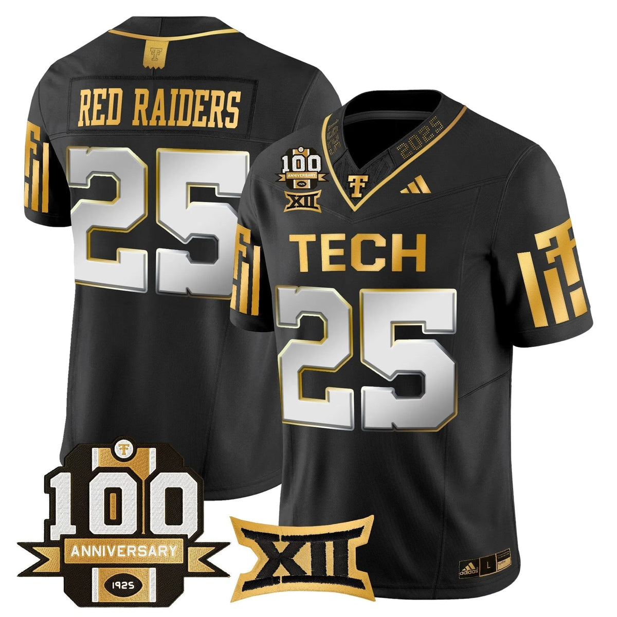 Personalized TTU 2026 Gold Vapor Limited Jersey - 100th Anniversary Patch - Black Limited / #25 Red Raiders Stitched