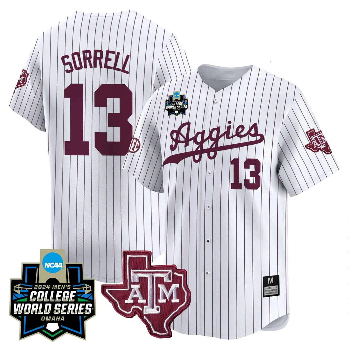 Personalized Aggies 2026 College World Series Vapor Premier Limited Jersey - White Pinstripe / Caden Sorrell Stitched