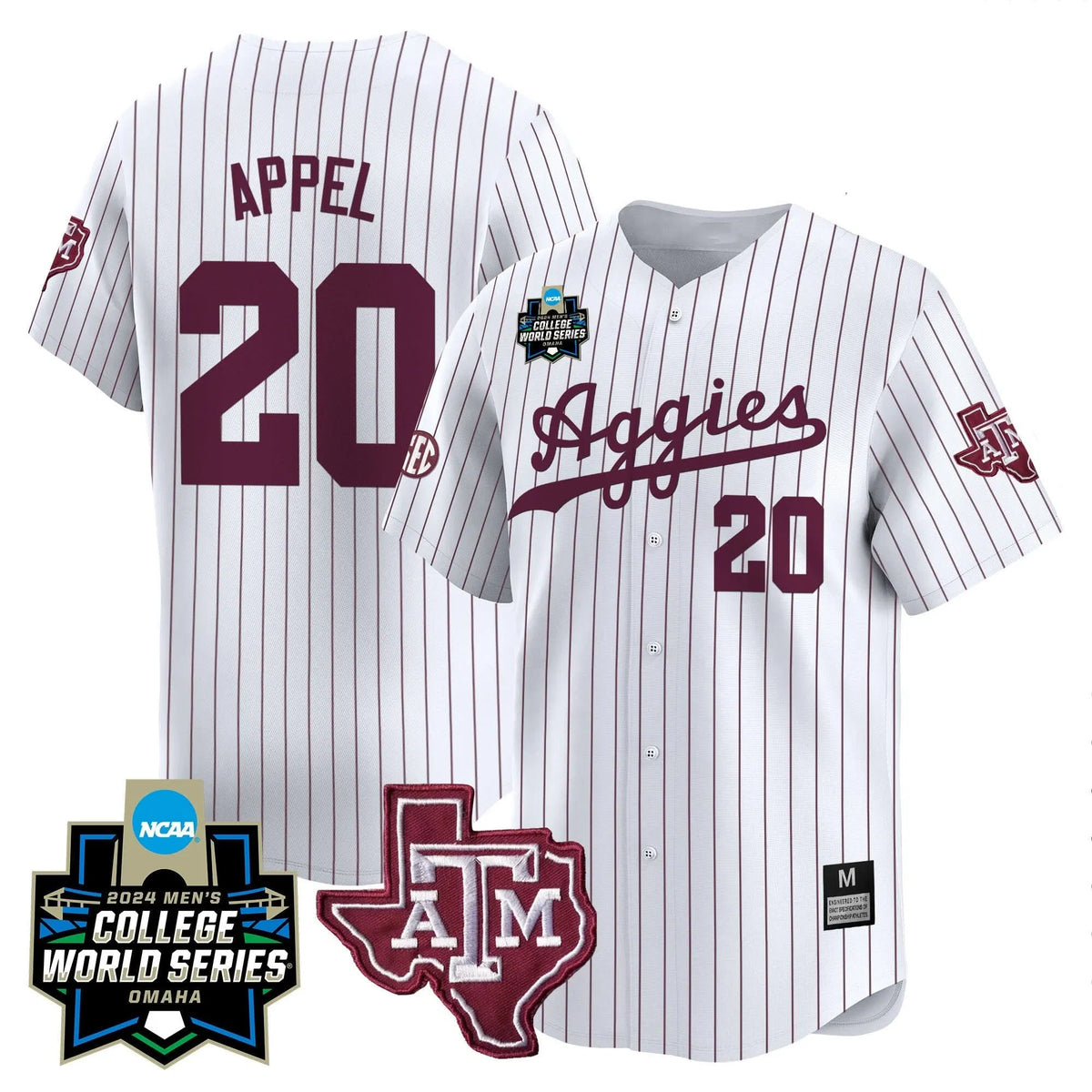 Personalized Aggies 2026 College World Series Vapor Premier Limited Jersey - White Pinstripe / Jackson Appel Stitched