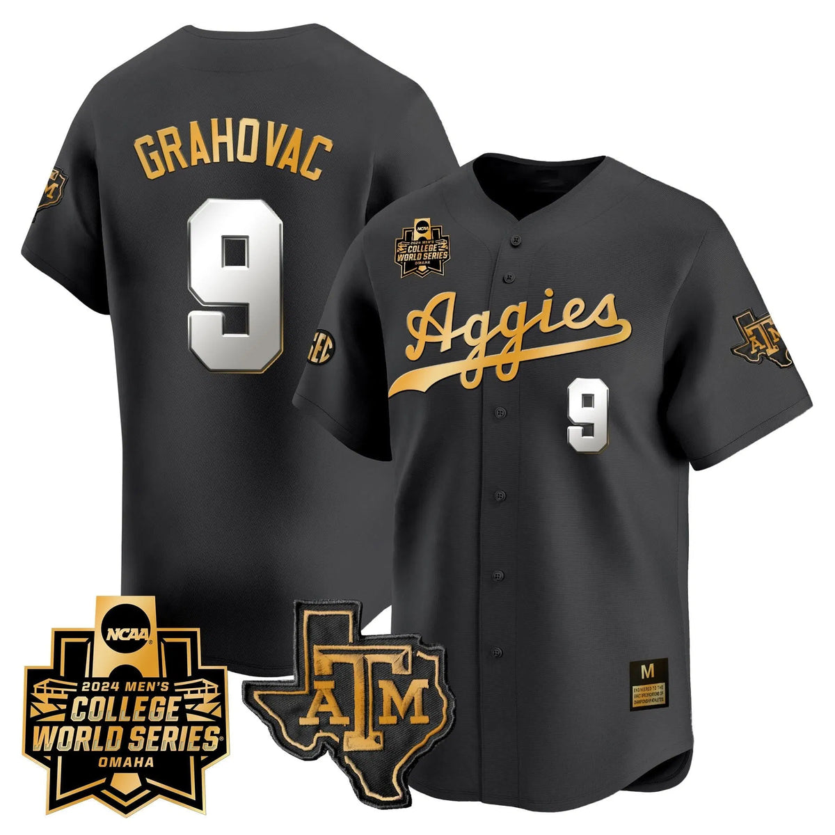 Personalized Aggies 2026 College World Series Vapor Premier Limited Jersey - Black Gold / Gavin Grahovac Stitched
