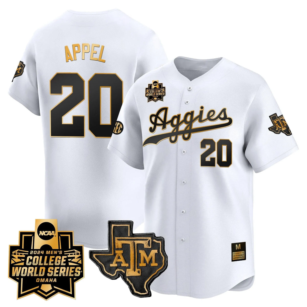 Personalized Aggies 2026 College World Series Vapor Premier Limited Jersey - White Gold / Jackson Appel Stitched