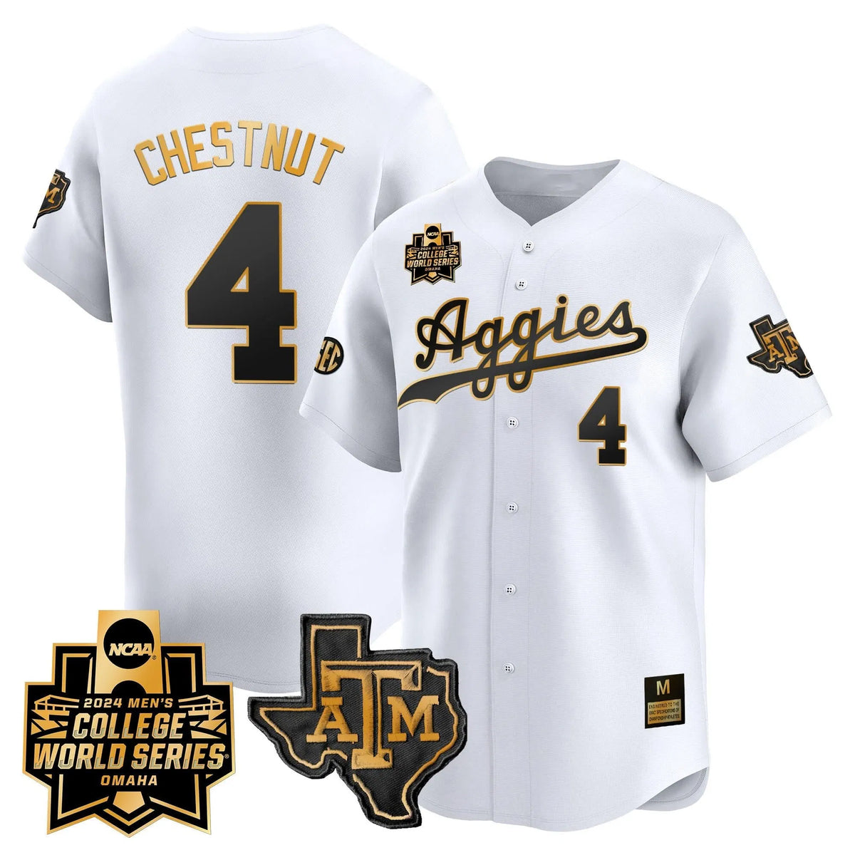 Personalized Aggies 2026 College World Series Vapor Premier Limited Jersey - White Gold / Travis Chestnut Stitched