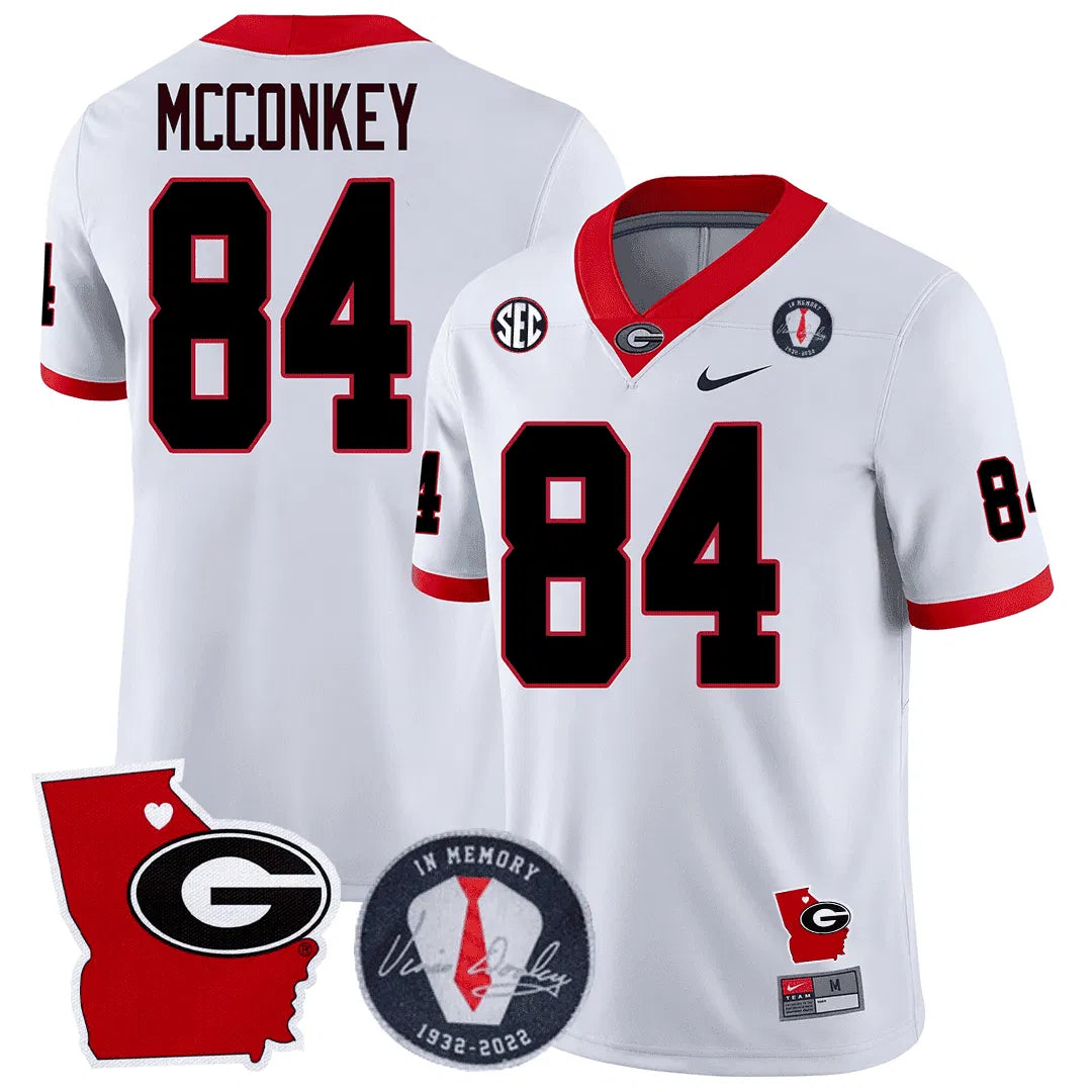 Personalized GB 2023 Vince Dooley Patch & Georgia State Map Jersey - White / Ladd McConkey Stitched