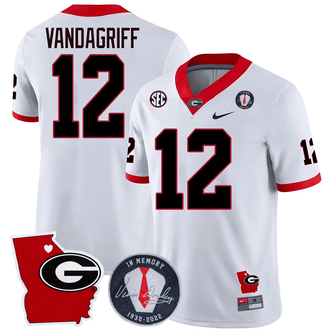Personalized GB 2023 Vince Dooley Patch & Georgia State Map Jersey - White / Brock Vandagriff Stitched