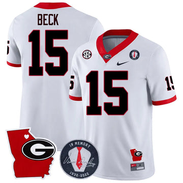 Personalized GB 2023 Vince Dooley Patch & Georgia State Map Jersey - White / Carson Beck Stitched