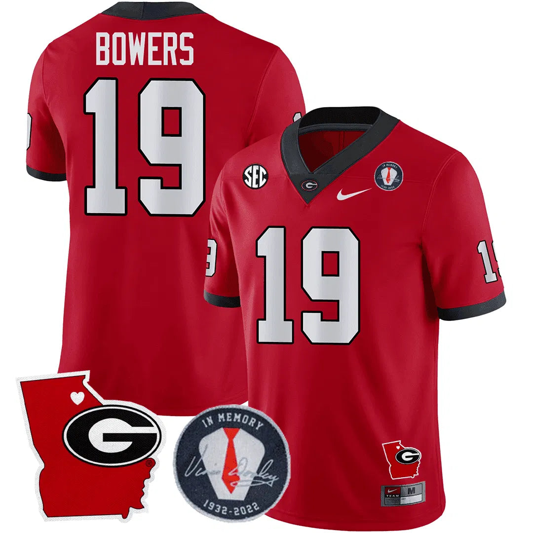 Personalized GB 2023 Vince Dooley Patch & Georgia State Map Jersey - Red / Brock Bowers Stitched