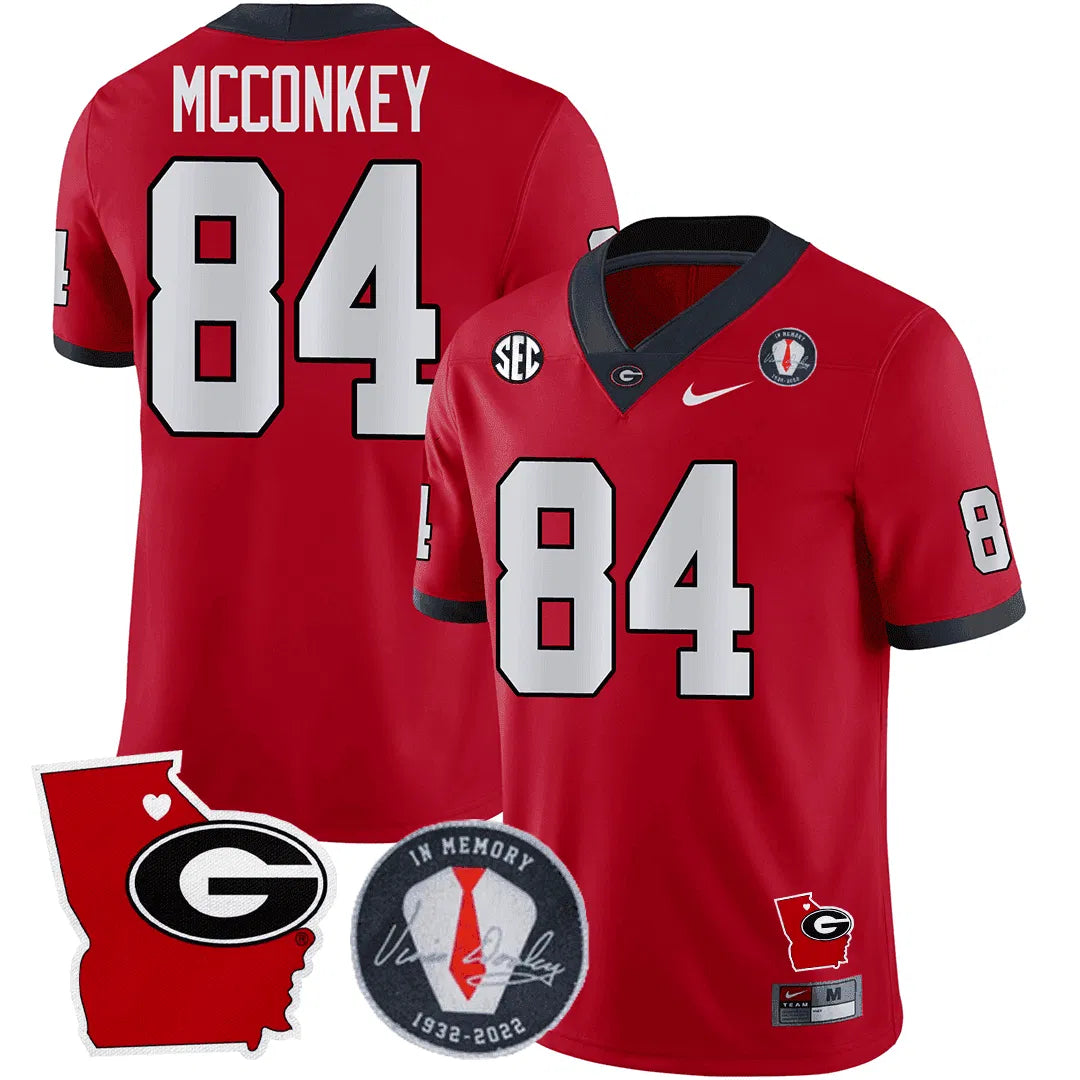 Personalized GB 2023 Vince Dooley Patch & Georgia State Map Jersey - Red / Ladd McConkey Stitched