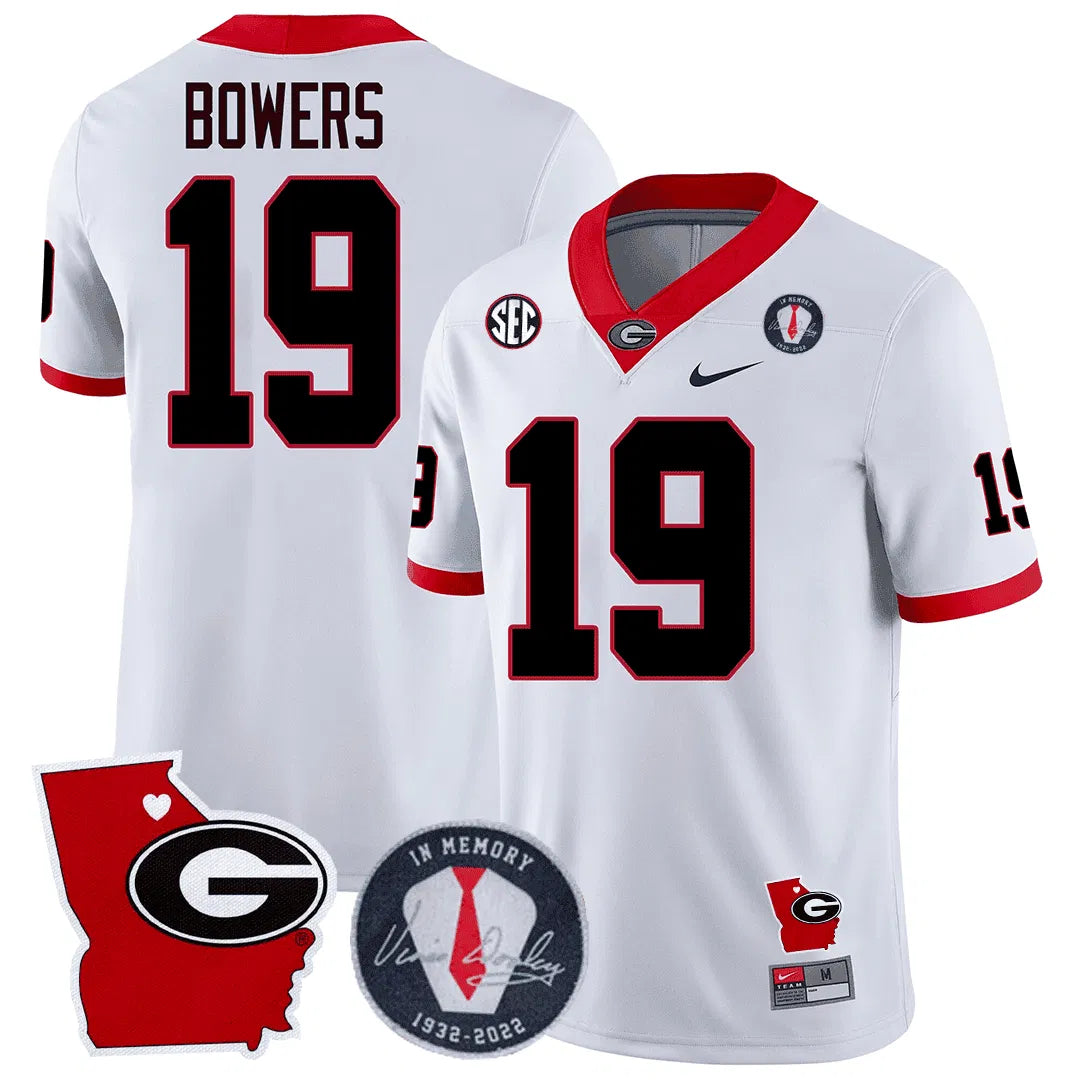 Personalized GB 2023 Vince Dooley Patch & Georgia State Map Jersey - White / Brock Bowers Stitched