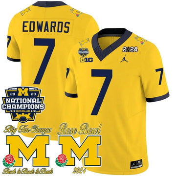 Personalized MW 2023 National Champions & Rose Bowl Patch Vapor Jersey - Maize / Donovan Edwards Stitched