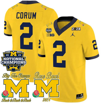 Personalized MW 2023 National Champions & Rose Bowl Patch Vapor Jersey - Maize / Blake Corum Stitched