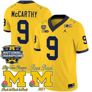 Personalized MW 2023 National Champions & Rose Bowl Patch Vapor Jersey - Maize / J J Mccarthy Stitched