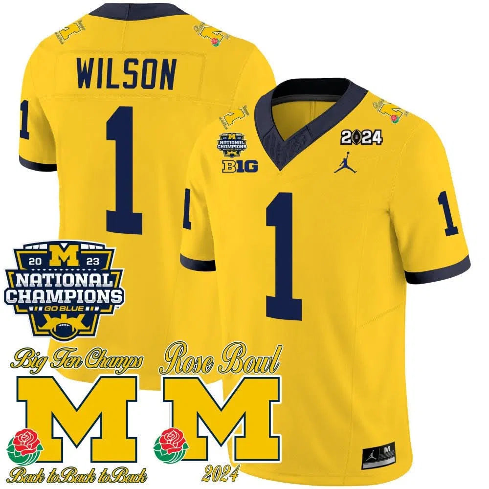 Personalized MW 2023 National Champions & Rose Bowl Patch Vapor Jersey - Maize / Roman Wilson Stitched