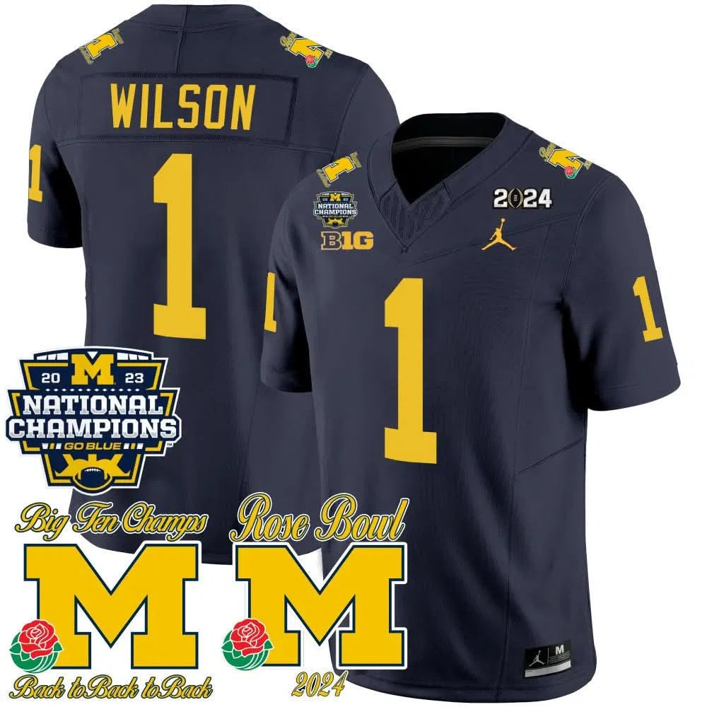 Personalized MW 2023 National Champions & Rose Bowl Patch Vapor Jersey - Navy / Roman Wilson Stitched